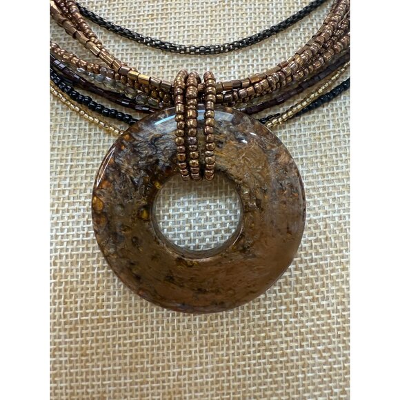 Cookie Lee Multi-Strand Brown Glass Bead Necklace W/ Acrylic Circle Pendant Boho - Picture 3 of 11